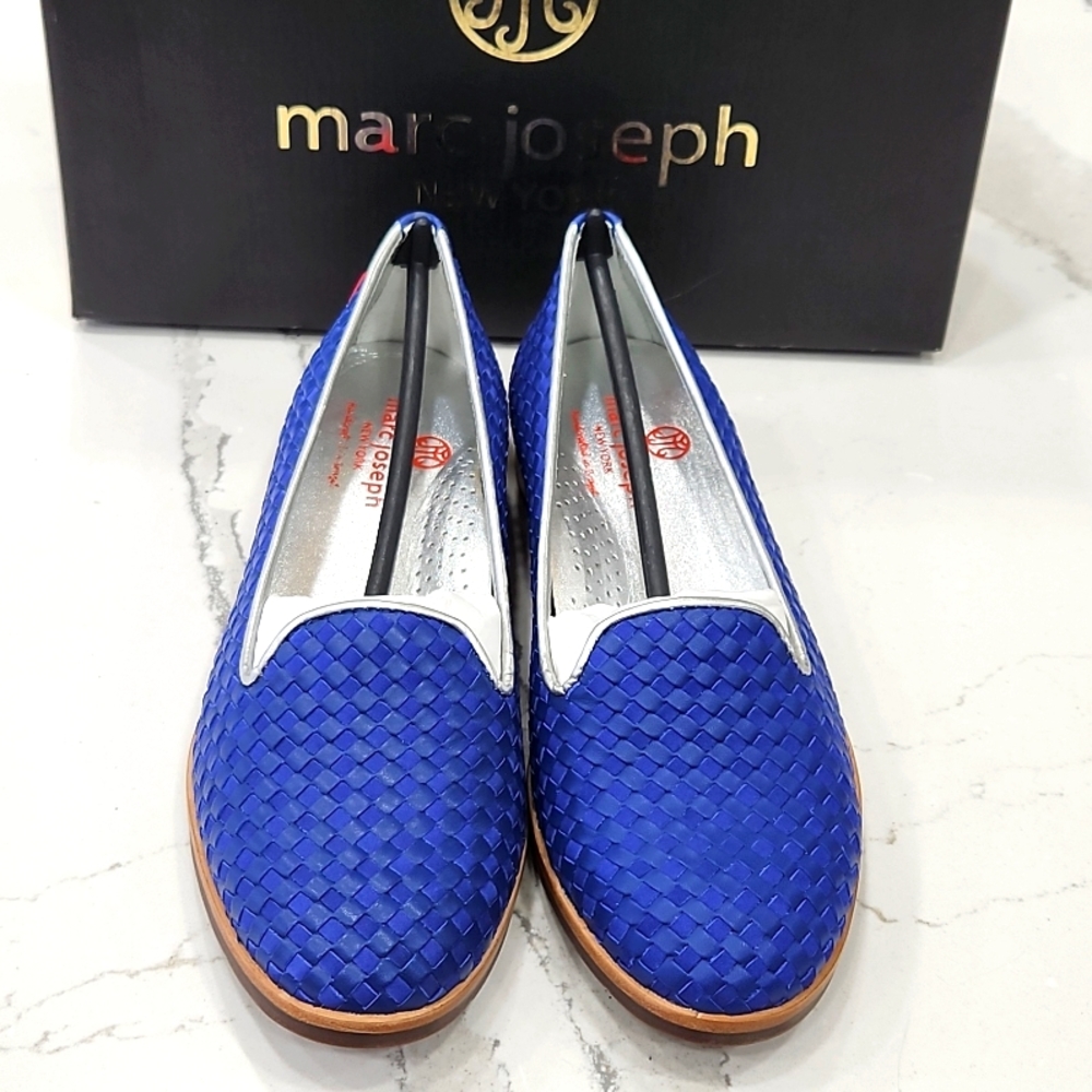 Marc Joseph Leather Loafers Women 6 Blue Woven Slip On Casual Flats NIB